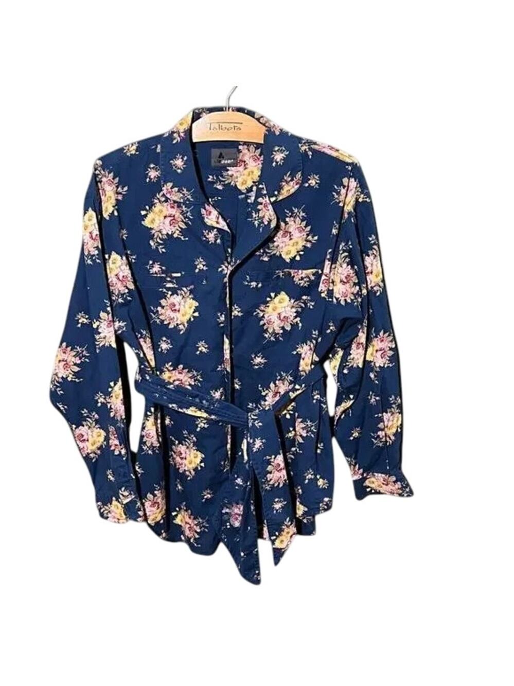 LIZ Wear Navy Blue Floral Blouse with Tie Belt Long Sleeve Top